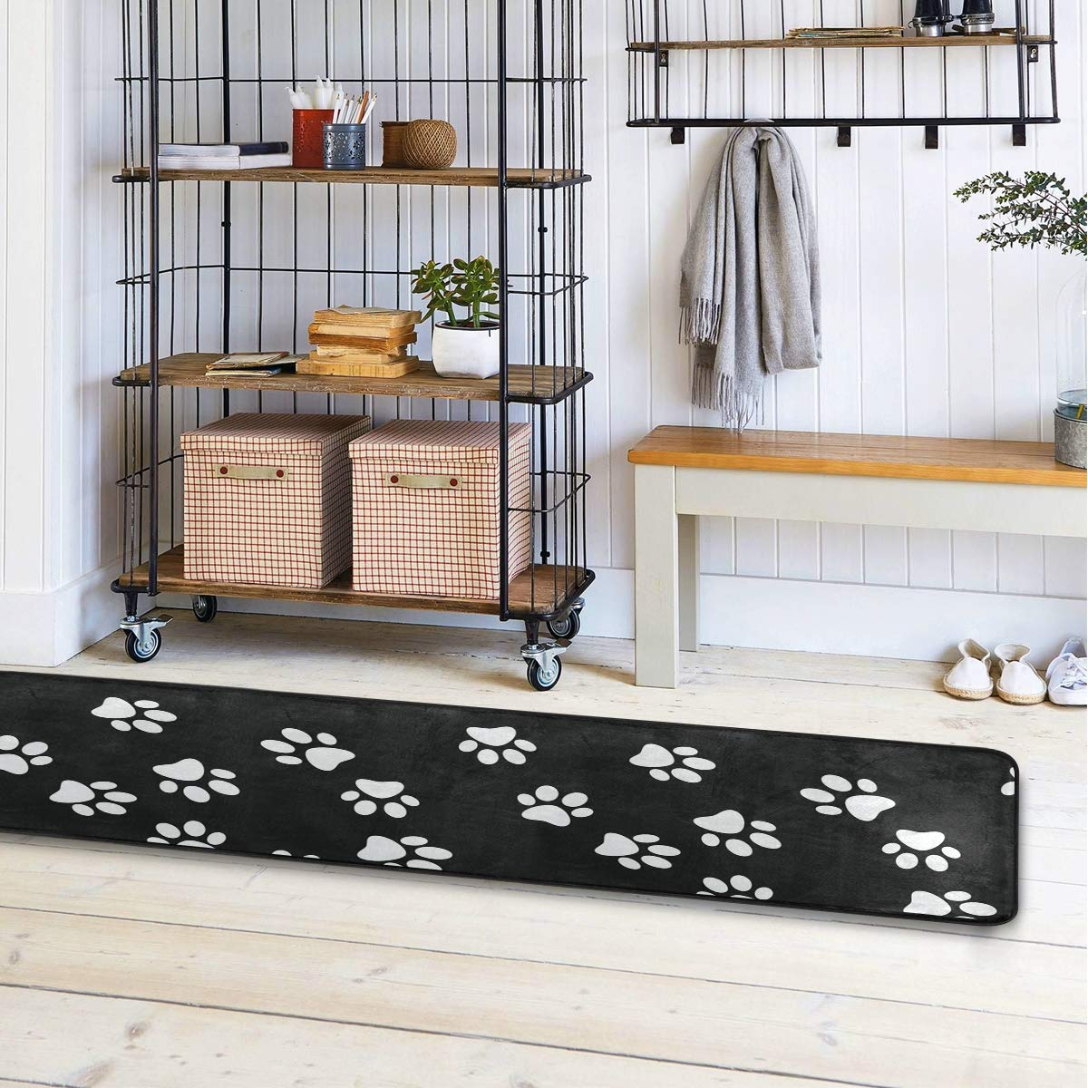 Modern Hallway Runner Rugs White Dog Paw Print Black Background Living Room Area Rug Super Soft Entryway Long Bed Desk Kitchen Floor Doormat 24x72in (2'x6')