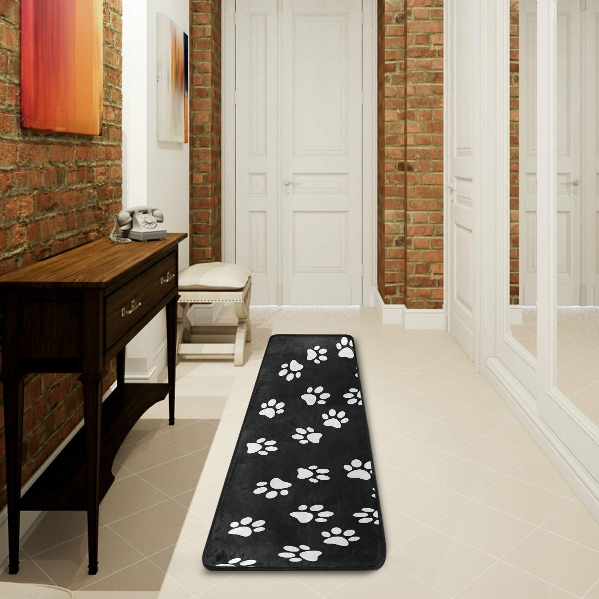 Modern Hallway Runner Rugs White Dog Paw Print Black Background Living Room Area Rug Super Soft Entryway Long Bed Desk Kitchen Floor Doormat 24x72in (2'x6')