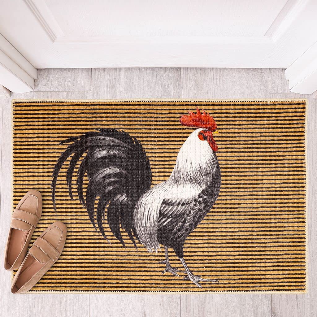 Benissimo Softwoven Rug, 24"x36" Front Door Mat, 85% Cotton Accent Area Rugs, Funny Animal Printed, Machine Washable, Runner Floor Mat for Washroom, Doormat, Kitchen Decor, Rooster Strut