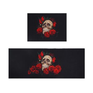 fuoxowk skull roses kitchen mat set, halloween decor goth kitchen runner rugs with rubber backing, throw rugs washable for kitchen sink, laundry room, standing desk, entry, cool black area rug