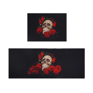 Fuoxowk Skull Roses Kitchen Mat Set, Halloween Decor Goth Kitchen Runner Rugs with Rubber Backing, Throw Rugs Washable for Kitchen Sink, Laundry Room, Standing Desk, Entry, Cool Black Area Rug