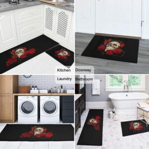 Fuoxowk Skull Roses Kitchen Mat Set, Halloween Decor Goth Kitchen Runner Rugs with Rubber Backing, Throw Rugs Washable for Kitchen Sink, Laundry Room, Standing Desk, Entry, Cool Black Area Rug