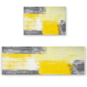 libaoge yellow kitchen rugs and mats set of 2 yellow and grey abstract art modern kitchen sink mat,non-slip area runner rug,washable floor mat for home dining room office 15.7"x23.6"+15.7"x47.2"