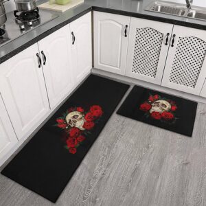 Fuoxowk Skull Roses Kitchen Mat Set, Halloween Decor Goth Kitchen Runner Rugs with Rubber Backing, Throw Rugs Washable for Kitchen Sink, Laundry Room, Standing Desk, Entry, Cool Black Area Rug