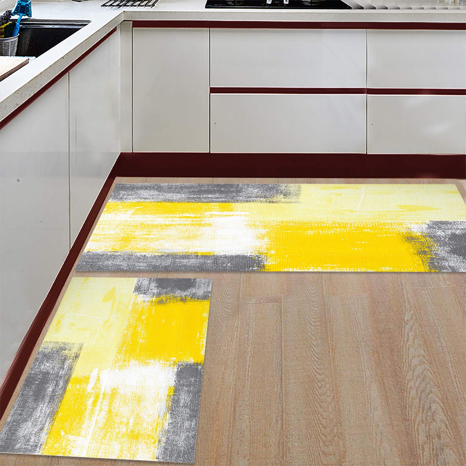 Libaoge Yellow Kitchen Rugs and Mats Set of 2 Yellow and Grey Abstract Art Modern Kitchen Sink Mat,Non-Slip Area Runner Rug,Washable Floor Mat for Home Dining Room Office 15.7"x23.6"+15.7"x47.2"