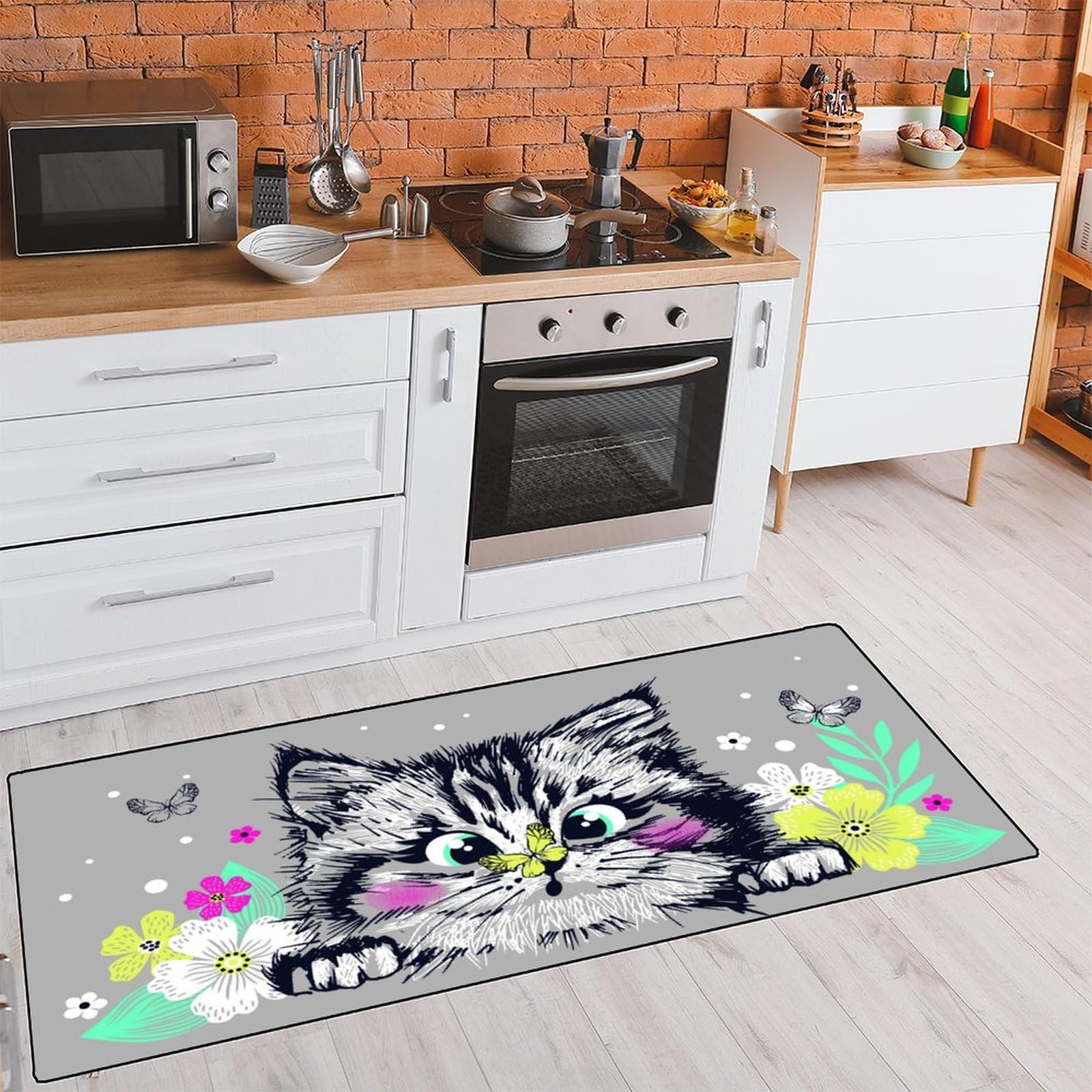 Cat Bathroom Rugs Cute Kitten Head Kitchen Rug Non-Slip Washable Floor Mat Area Mat Carpet for Home Hallway Sink Stove Laundry Decor 39x20 Inch