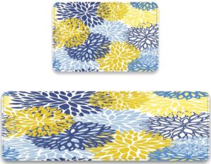 kitchen rug set 2 pieces green spring floral blue yellow and navy chrysanthemum flowers comfort mat cushioned floor mats washable doormat anti fatigue non-slip kitchen runner rugs bedroom area carpet