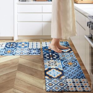 ashler kitchen mats anti-fatigue kitchen rugs, non-slip waterproof kitchen floor mats, 2pcs ergonomic comfort foam standing rug for kitchen, office, floor, laundry, sink, 17x47 in & 17x29 in, blue