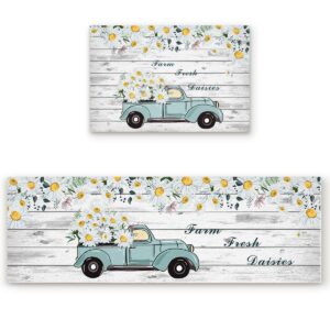 Kitchen Rugs and Mats Sets of 2 Truck Daisy Flower Non-Slip Rubber Backing Area Rugs Washable Runner Carpets for Floor, Kitchen Wild Floral Fresh Design Farmhouse Plank 15.7x23.6+15.7x47.2inch