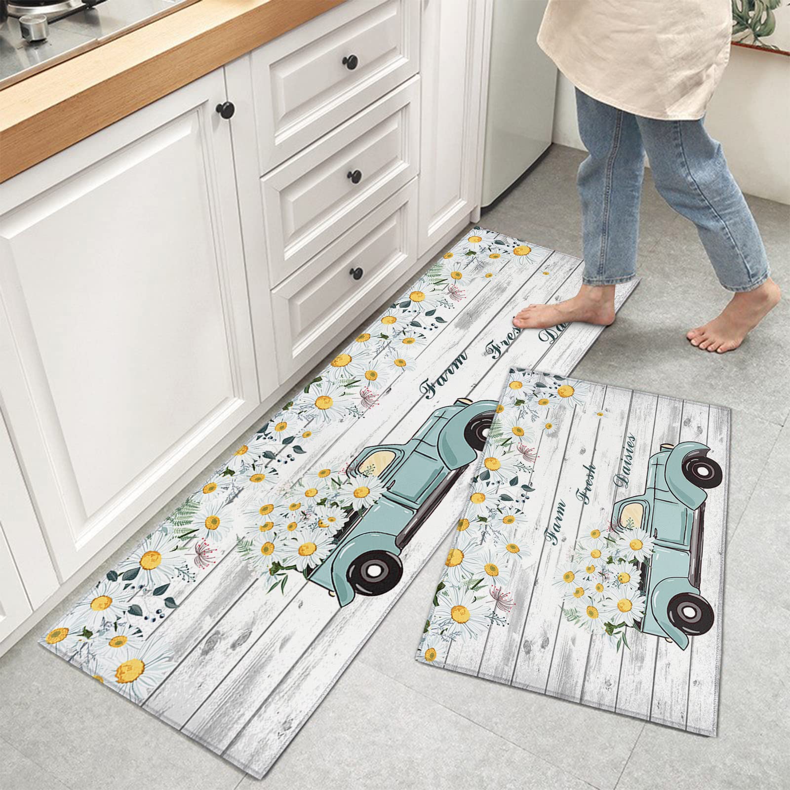 Kitchen Rugs and Mats Sets of 2 Truck Daisy Flower Non-Slip Rubber Backing Area Rugs Washable Runner Carpets for Floor, Kitchen Wild Floral Fresh Design Farmhouse Plank 15.7x23.6+15.7x47.2inch