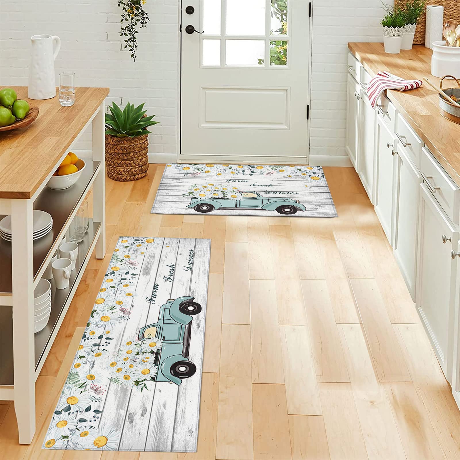 Kitchen Rugs and Mats Sets of 2 Truck Daisy Flower Non-Slip Rubber Backing Area Rugs Washable Runner Carpets for Floor, Kitchen Wild Floral Fresh Design Farmhouse Plank 15.7x23.6+15.7x47.2inch