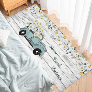 Kitchen Rugs and Mats Sets of 2 Truck Daisy Flower Non-Slip Rubber Backing Area Rugs Washable Runner Carpets for Floor, Kitchen Wild Floral Fresh Design Farmhouse Plank 15.7x23.6+15.7x47.2inch