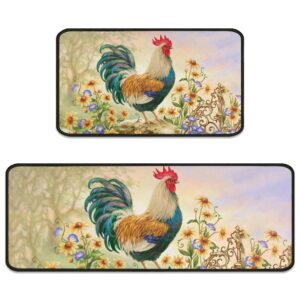 2pcs rooster farmhouse theme rugs for kitchen floor 2 pieces farmhouse style kitchen mats for kitchen decor non slip washable standing kitchen runner mats 17"x30"+17"x47"
