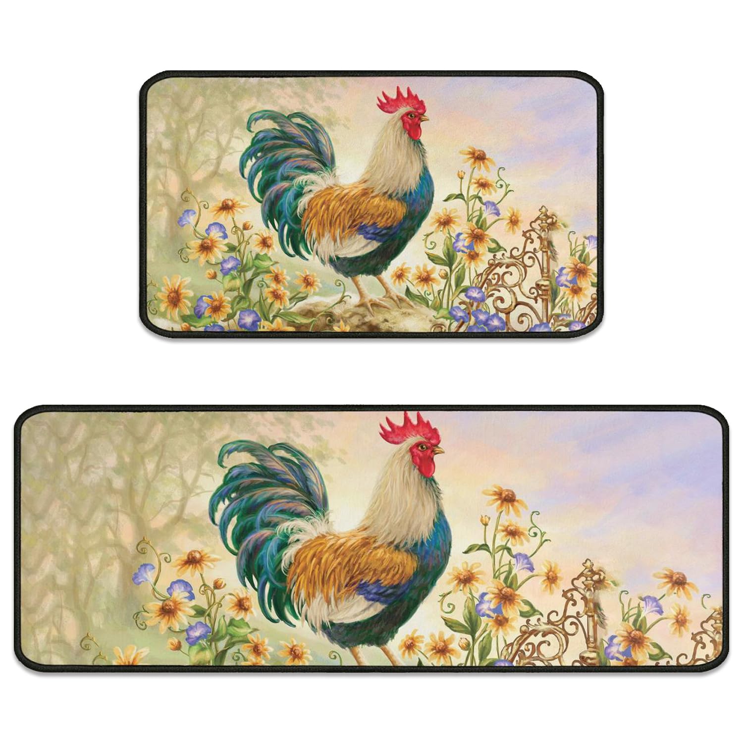 2Pcs Rooster Farmhouse Theme Rugs for Kitchen Floor 2 Pieces Farmhouse Style Kitchen Mats for Kitchen Decor Non Slip Washable Standing Kitchen Runner Mats 17"x30"+17"x47"