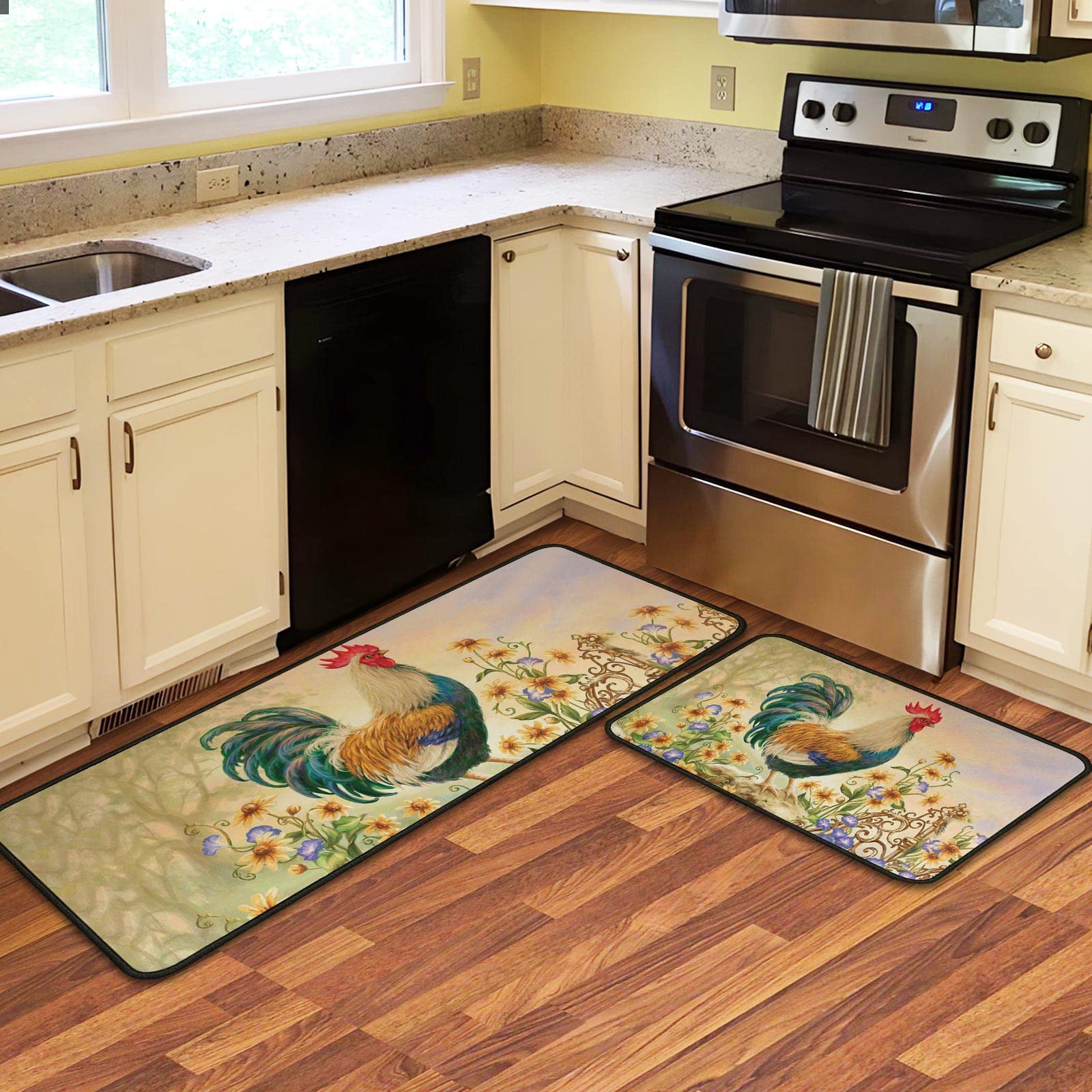 2Pcs Rooster Farmhouse Theme Rugs for Kitchen Floor 2 Pieces Farmhouse Style Kitchen Mats for Kitchen Decor Non Slip Washable Standing Kitchen Runner Mats 17"x30"+17"x47"