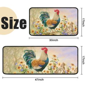 2Pcs Rooster Farmhouse Theme Rugs for Kitchen Floor 2 Pieces Farmhouse Style Kitchen Mats for Kitchen Decor Non Slip Washable Standing Kitchen Runner Mats 17"x30"+17"x47"