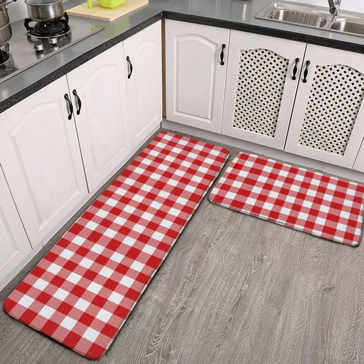 2 Pcs Durable Kitchen Rug Set Washable Fatigue Cushioned Doormat Carpet Red Gingham Checkered Buffalo Plaid Non-Slip Kitchen Mats and Floor Rugs Area Runner Rugs 17.7"x59"+17.7"x29.5"