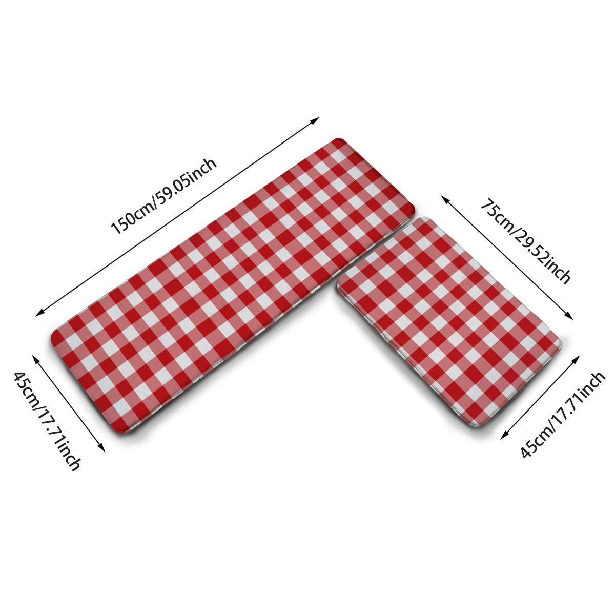 2 Pcs Durable Kitchen Rug Set Washable Fatigue Cushioned Doormat Carpet Red Gingham Checkered Buffalo Plaid Non-Slip Kitchen Mats and Floor Rugs Area Runner Rugs 17.7"x59"+17.7"x29.5"