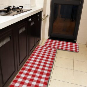 2 Pcs Durable Kitchen Rug Set Washable Fatigue Cushioned Doormat Carpet Red Gingham Checkered Buffalo Plaid Non-Slip Kitchen Mats and Floor Rugs Area Runner Rugs 17.7"x59"+17.7"x29.5"