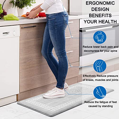 WEZVIX Anti Fatigue Kitchen Rugs Set [2 PCS], Cushioned Waterproof Floor Mats, Kitchen Rugs and Mats Non-Skid, Ergonomic Comfort foam Kitchen Mat for Floor Home, Office, Sink, Laundry - Grey and White