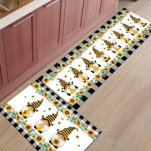 Kitchen Rugs and Mats Farm Bee Gnomes with Honey Sunflower Non Slip Carpets Doormat 2 Piece Runner Rug Set for Kitchen Sink Floor Country Floral Lace Buffalo Plaid Edge