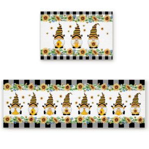 Kitchen Rugs and Mats Farm Bee Gnomes with Honey Sunflower Non Slip Carpets Doormat 2 Piece Runner Rug Set for Kitchen Sink Floor Country Floral Lace Buffalo Plaid Edge