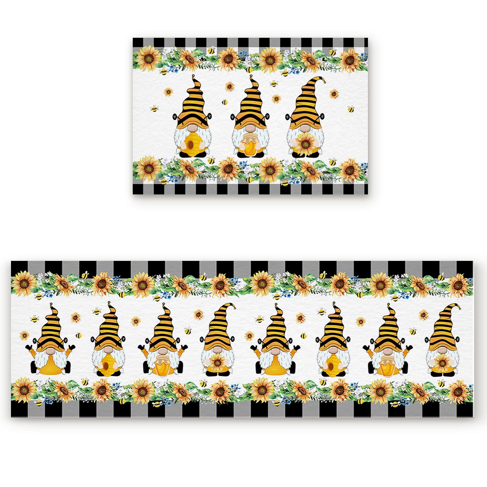 Kitchen Rugs and Mats Farm Bee Gnomes with Honey Sunflower Non Slip Carpets Doormat 2 Piece Runner Rug Set for Kitchen Sink Floor Country Floral Lace Buffalo Plaid Edge