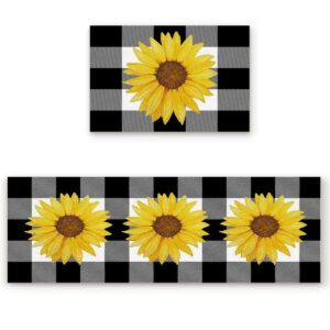 t&h xhome kitchen rugs set 2 pieces,farm sunflower buffalo plaid black and white non-skid dots rubber backing kitchen cushioned mats doormats