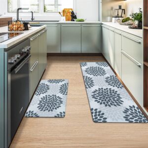 Alishomtll Floral Kitchen Rugs Sets 2 Pieces Anti Fatigue Kitchen Mats for Floor Cushioned Waterproof Kitchen Floor Mat, Non Skid Sink Mats Comfort Standing Mat (Grey)