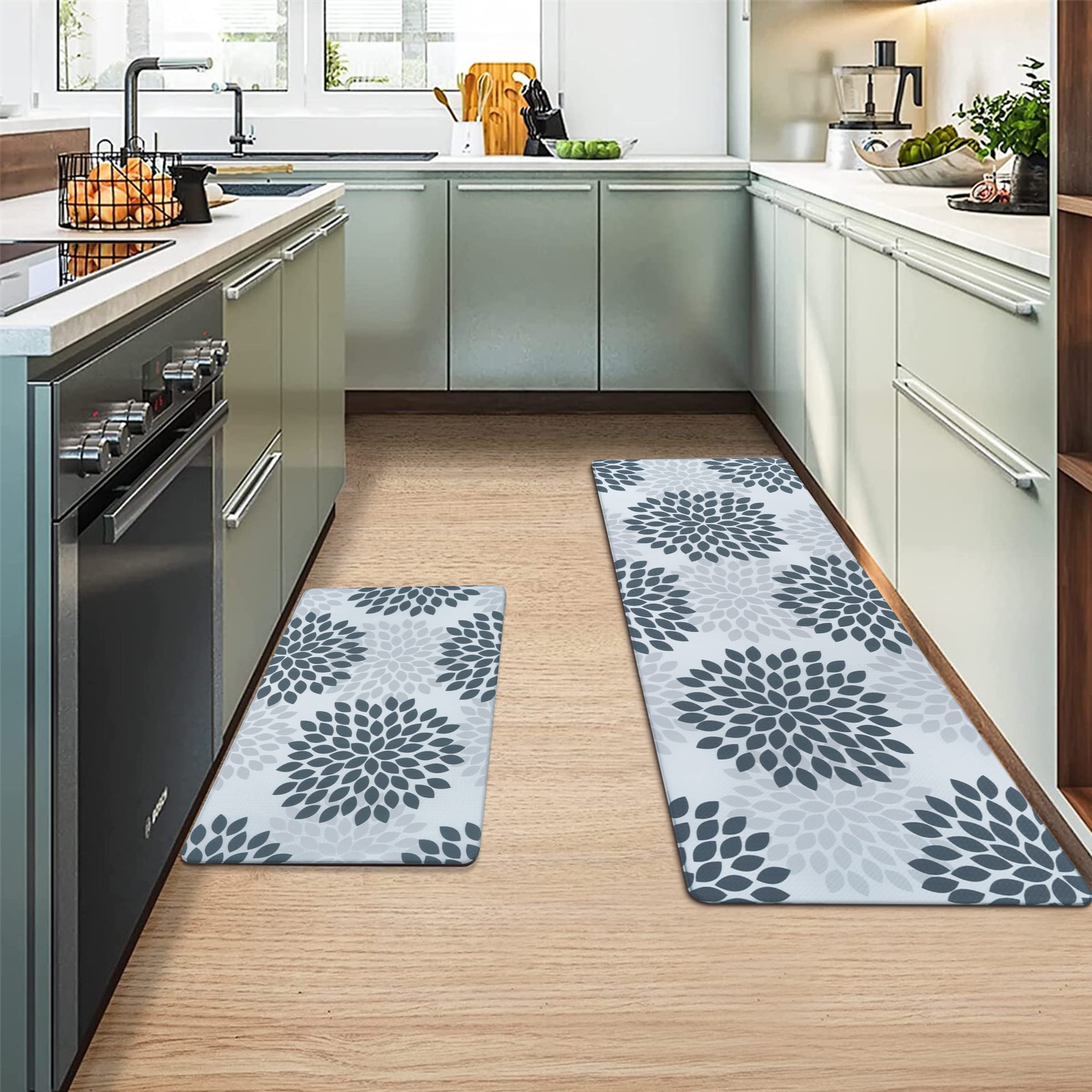 Alishomtll Floral Kitchen Rugs Sets 2 Pieces Anti Fatigue Kitchen Mats for Floor Cushioned Waterproof Kitchen Floor Mat, Non Skid Sink Mats Comfort Standing Mat (Grey)