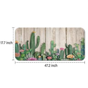 DONMYER Kitchen Mat, Cactus Succulent Southwestern Monstera Mexican Desert Style Rustic Wooden Board Farm, Rug Anti Fatigue Floor Runner Non Slip Standing Doormat for, 47.2''L x 17.7''W