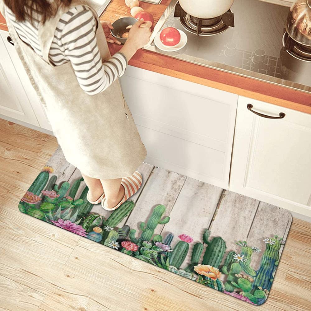 DONMYER Kitchen Mat, Cactus Succulent Southwestern Monstera Mexican Desert Style Rustic Wooden Board Farm, Rug Anti Fatigue Floor Runner Non Slip Standing Doormat for, 47.2''L x 17.7''W