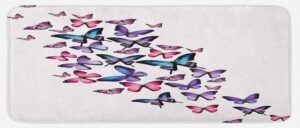 ambesonne navy and blush kitchen mat, various butterflies flying together spring summer nature inspired, plush decorative kitchen mat with non slip backing, 47" x 19", purple white