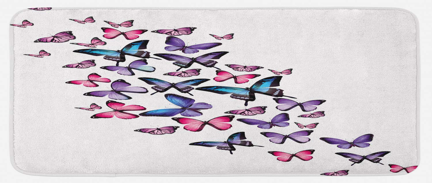 Ambesonne Navy and Blush Kitchen Mat, Various Butterflies Flying Together Spring Summer Nature Inspired, Plush Decorative Kitchen Mat with Non Slip Backing, 47" X 19", Purple White