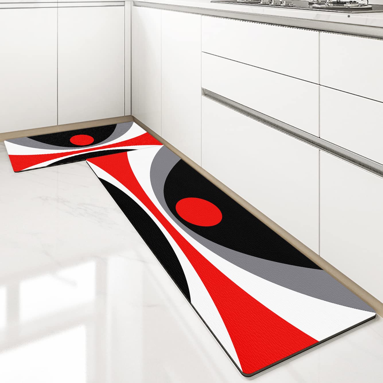 Red and Black Kitchen Rugs and Mats Abstract Art Kitchen Decor Set of 2 Kitchen Floor Mat Non-Slip Backing Washable Kitchen Rugs Set for Home Office Laundry (Red Black, 17"x29.5"+17"x47")