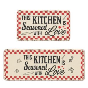youwous the kitchen is seasoned with love kitchen mats set of 2-17x29 and 17x47 inch, decorative non slip backing floor mat for home kitchen red