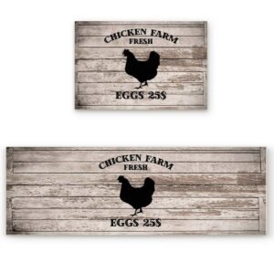 ezon-ch kitchen rugs and mats set 2 pcs chicken farm fresh eggs kitchen floor mat runner carpets for kitchen, bathroom, sink, laundry or office (15.7x23.6in+15.7x47.2in)