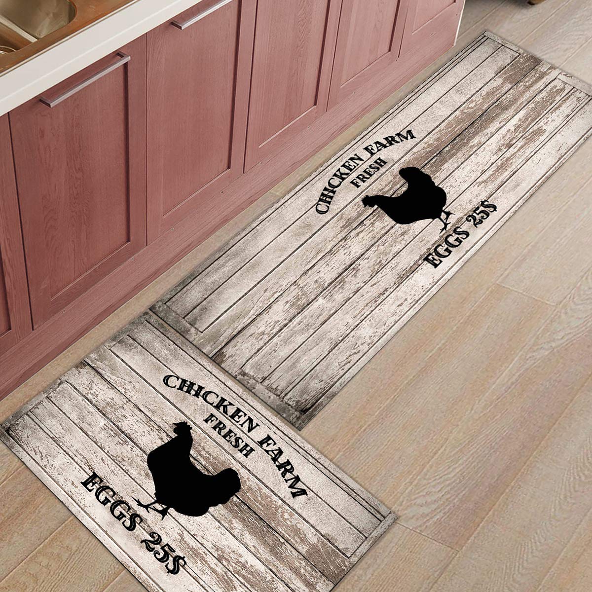 EZON-CH Kitchen Rugs and Mats Set 2 Pcs Chicken Farm Fresh Eggs Kitchen Floor Mat Runner Carpets for Kitchen, Bathroom, Sink, Laundry or Office (15.7x23.6in+15.7x47.2in)