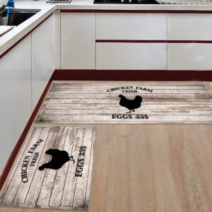 EZON-CH Kitchen Rugs and Mats Set 2 Pcs Chicken Farm Fresh Eggs Kitchen Floor Mat Runner Carpets for Kitchen, Bathroom, Sink, Laundry or Office (15.7x23.6in+15.7x47.2in)