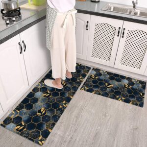colorful star geometric marble kitchen mats cushioned anti fatigue 2 pieces set kitchen floor rugs non-slip leather standing mat comfort runner rug 17" wx29 l+17" wx47 l hexagon marble & gold leaves