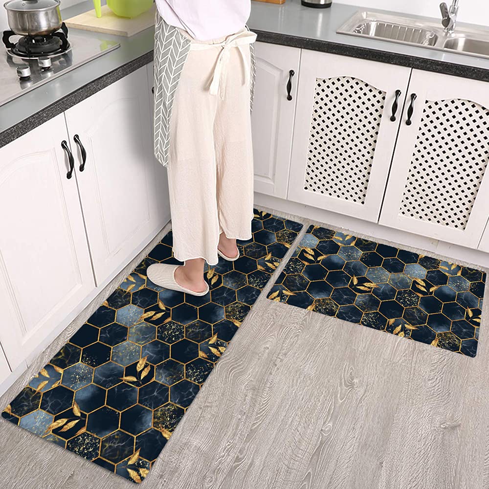 Colorful Star Geometric Marble Kitchen Mats Cushioned Anti Fatigue 2 Pieces Set Kitchen Floor Rugs Non-Slip Leather Standing Mat Comfort Runner Rug 17" Wx29 L+17" Wx47 L Hexagon Marble & Gold Leaves