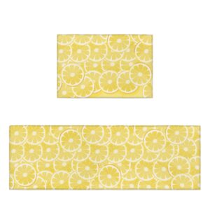 Cute Lemon Yellow Kitchen Rug and Runner Sets 2 Piece Non-Slip Bath Mats and Rugs Spring Summer Fruit Decorative Area Runners Rubber Backing Carpets Floor Sink Doormat