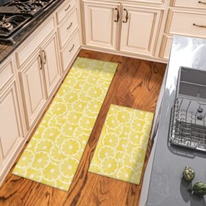 Cute Lemon Yellow Kitchen Rug and Runner Sets 2 Piece Non-Slip Bath Mats and Rugs Spring Summer Fruit Decorative Area Runners Rubber Backing Carpets Floor Sink Doormat