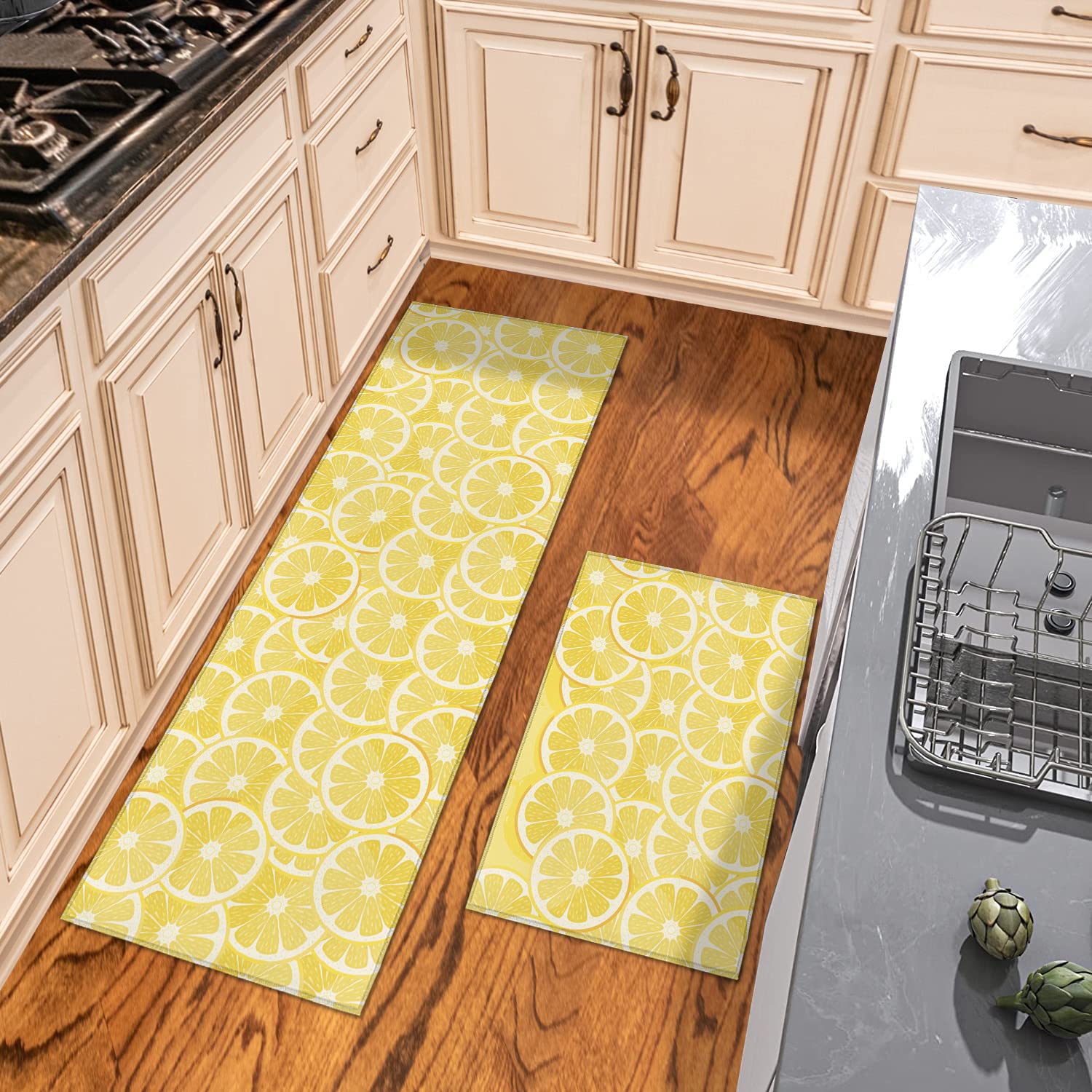 Cute Lemon Yellow Kitchen Rug and Runner Sets 2 Piece Non-Slip Bath Mats and Rugs Spring Summer Fruit Decorative Area Runners Rubber Backing Carpets Floor Sink Doormat