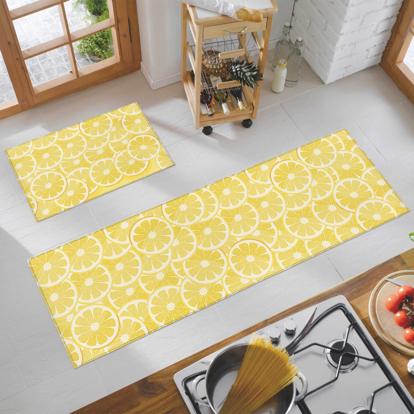 Cute Lemon Yellow Kitchen Rug and Runner Sets 2 Piece Non-Slip Bath Mats and Rugs Spring Summer Fruit Decorative Area Runners Rubber Backing Carpets Floor Sink Doormat