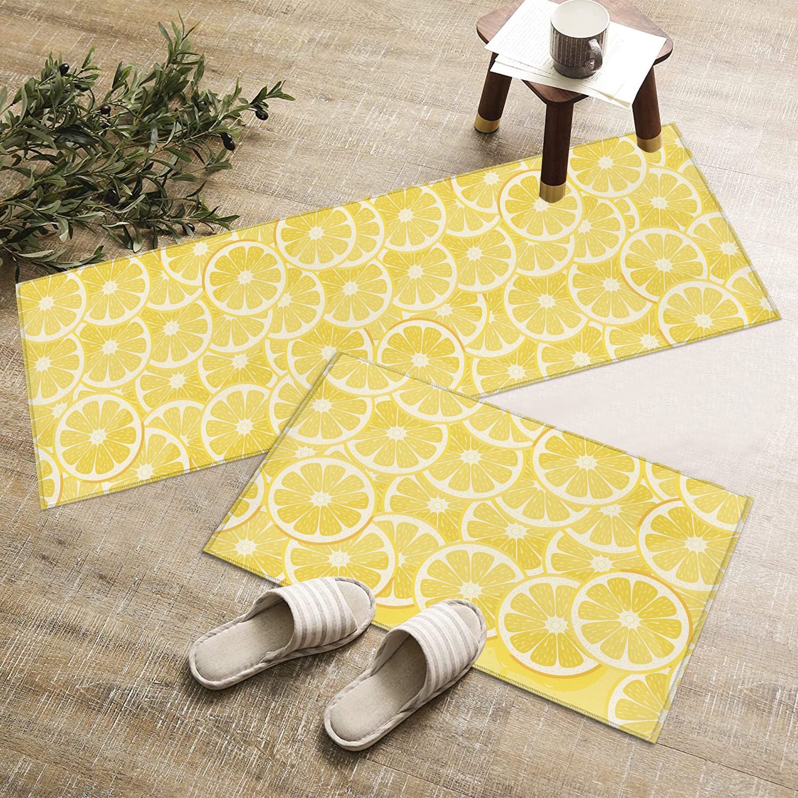 Cute Lemon Yellow Kitchen Rug and Runner Sets 2 Piece Non-Slip Bath Mats and Rugs Spring Summer Fruit Decorative Area Runners Rubber Backing Carpets Floor Sink Doormat