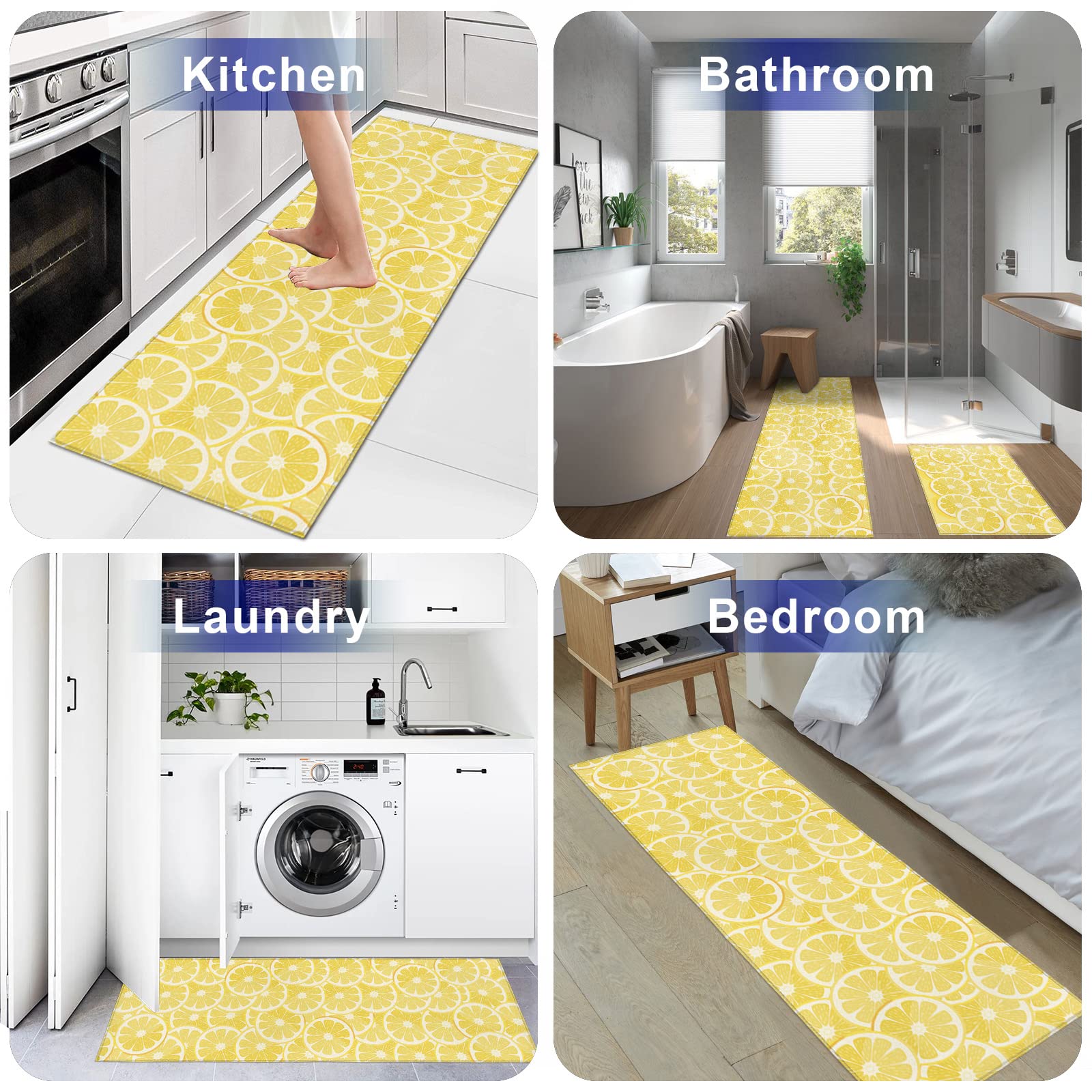 Cute Lemon Yellow Kitchen Rug and Runner Sets 2 Piece Non-Slip Bath Mats and Rugs Spring Summer Fruit Decorative Area Runners Rubber Backing Carpets Floor Sink Doormat