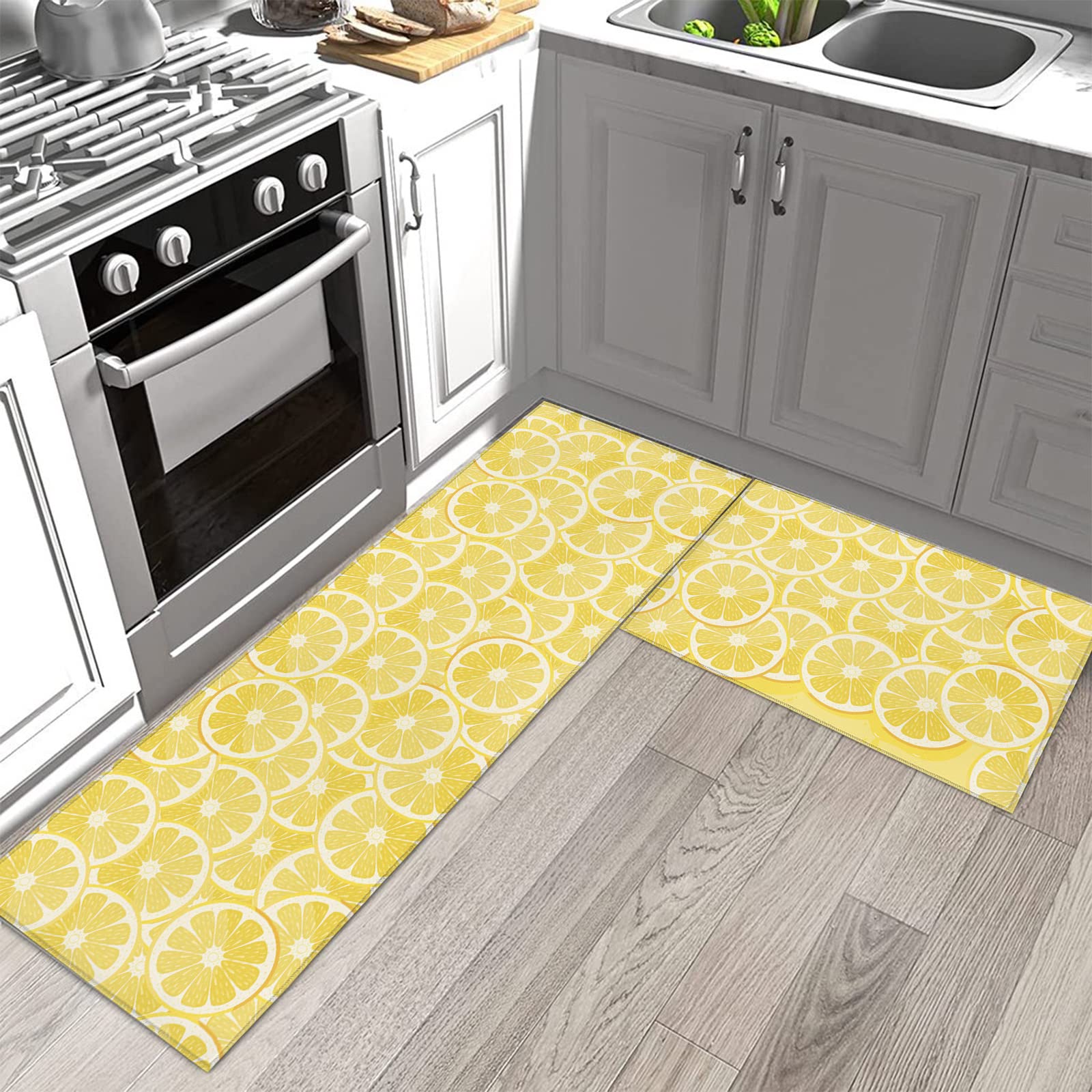 Cute Lemon Yellow Kitchen Rug and Runner Sets 2 Piece Non-Slip Bath Mats and Rugs Spring Summer Fruit Decorative Area Runners Rubber Backing Carpets Floor Sink Doormat