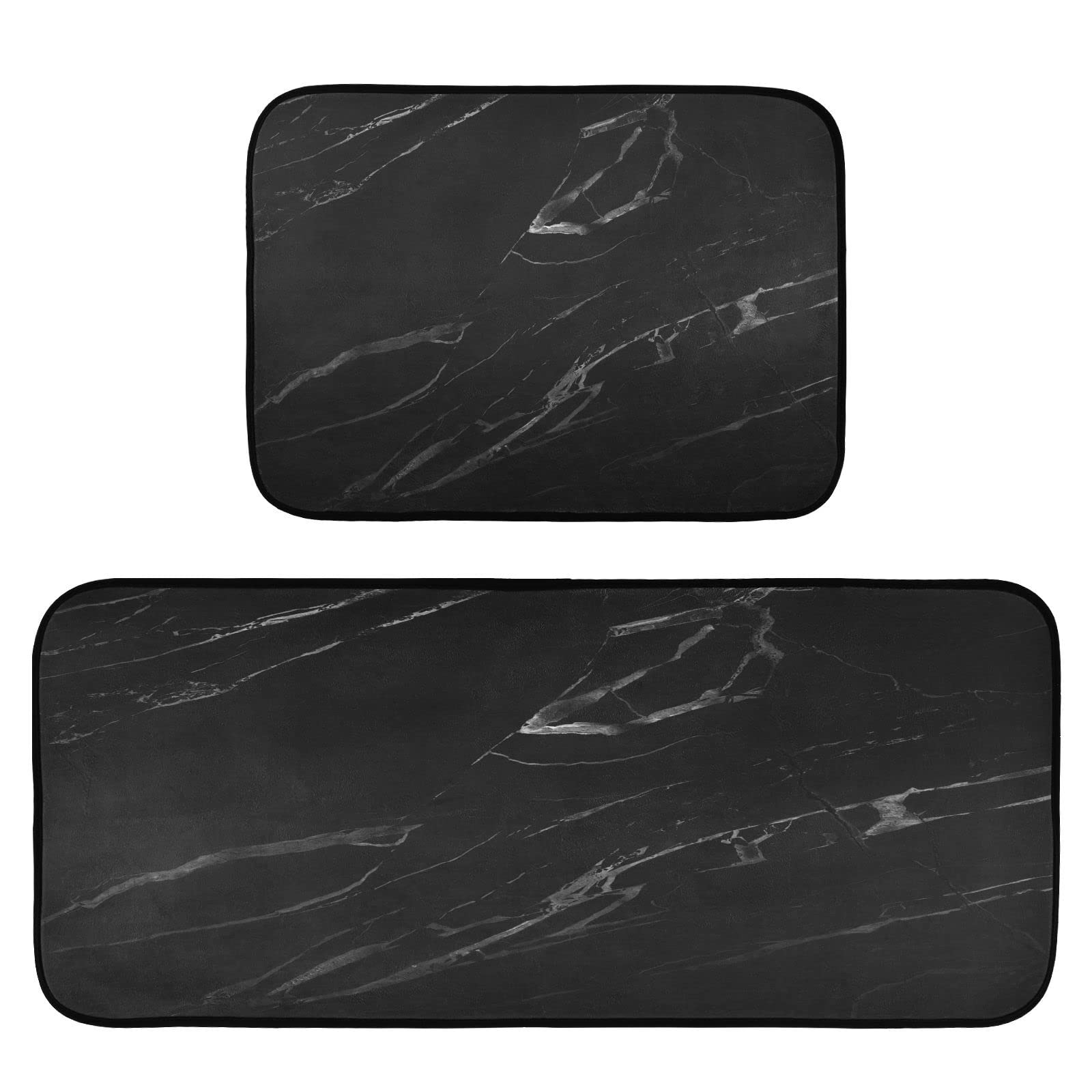 Art Black Marble Kitchen Rug Mats 2PCS Non Slip 47" x 20" + 28" x 20" Kitchen Carpet Floor Mat Hallway Rugs Anti Fatigue Doormat