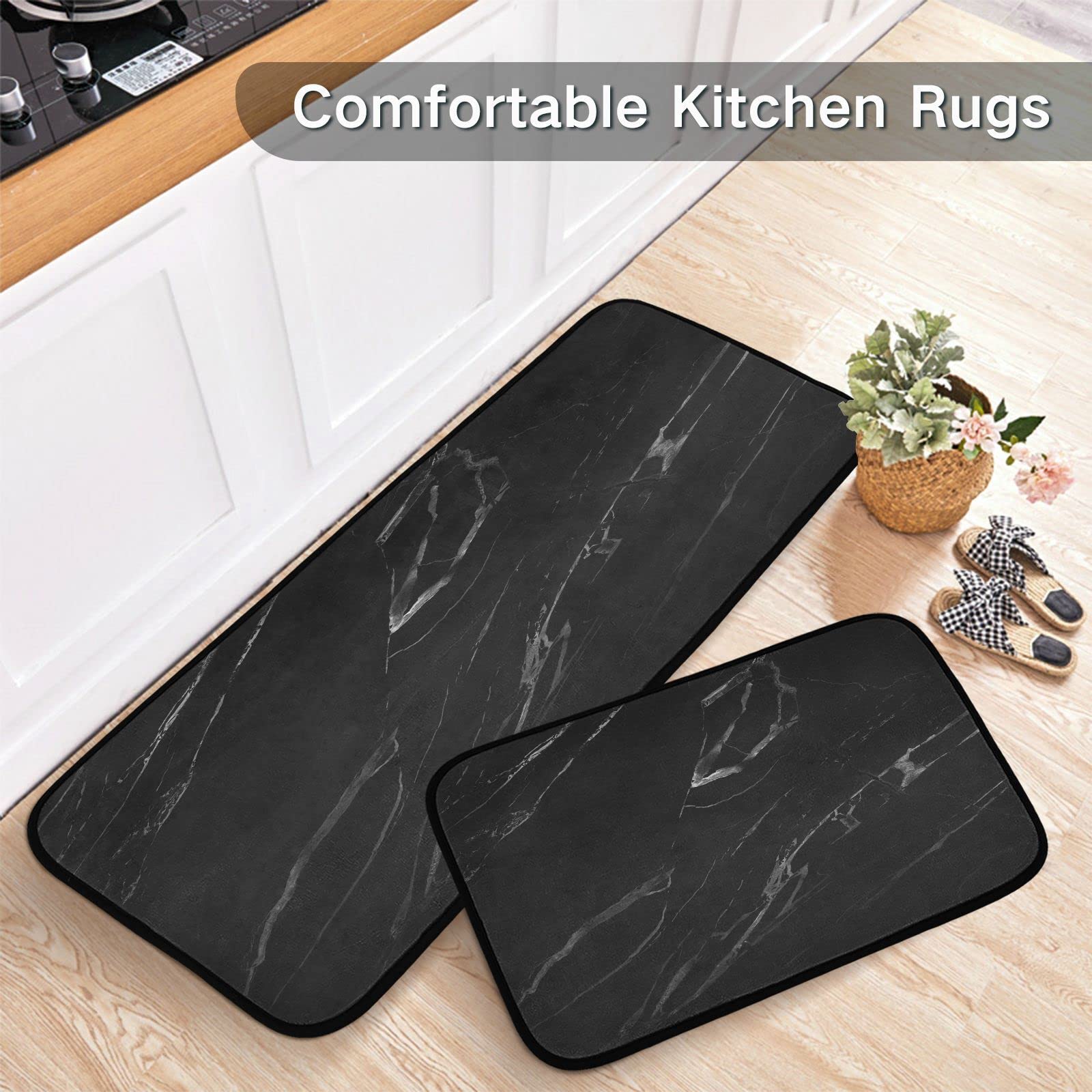 Art Black Marble Kitchen Rug Mats 2PCS Non Slip 47" x 20" + 28" x 20" Kitchen Carpet Floor Mat Hallway Rugs Anti Fatigue Doormat